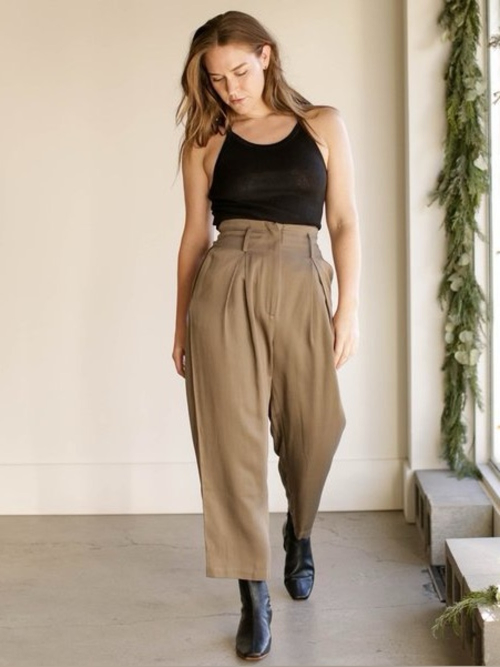 Saint Agni Olive Green TENCEL Wide Leg Pants Quiet Luxury Minimalist Large